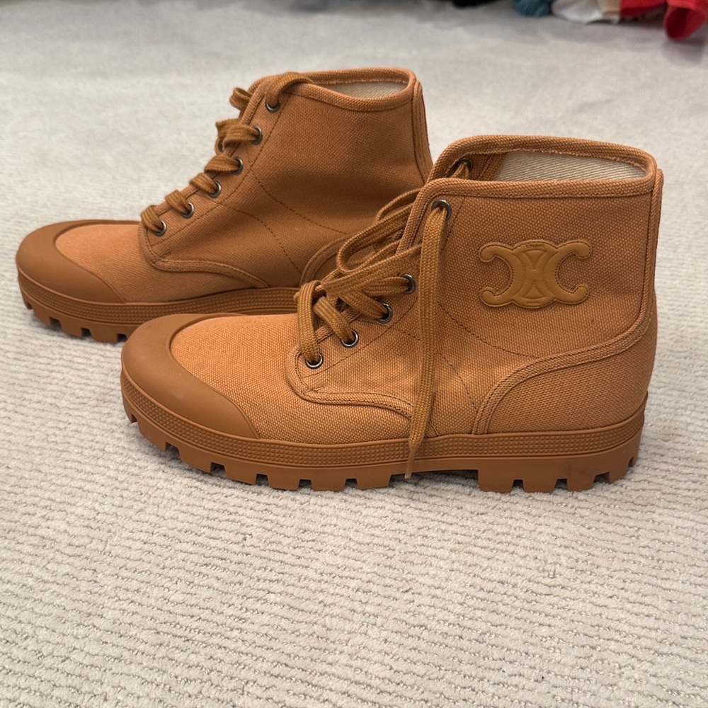 Celine Tan High-Top Boots with Logo
